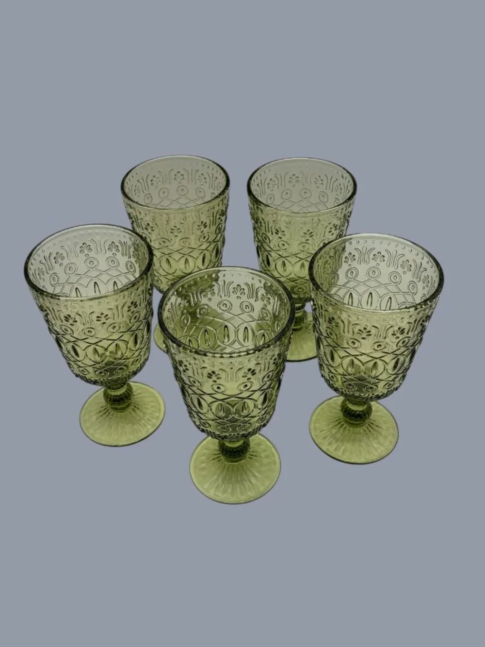 Vintage Olive Green Embossed Goblets – Retro Pressed Glass Wine Glasses